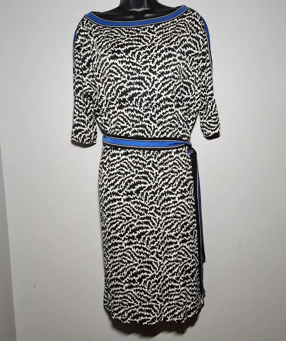 Tory Burch Francis Silk Jersey Dress Size M Black White Blue Accent Sheath